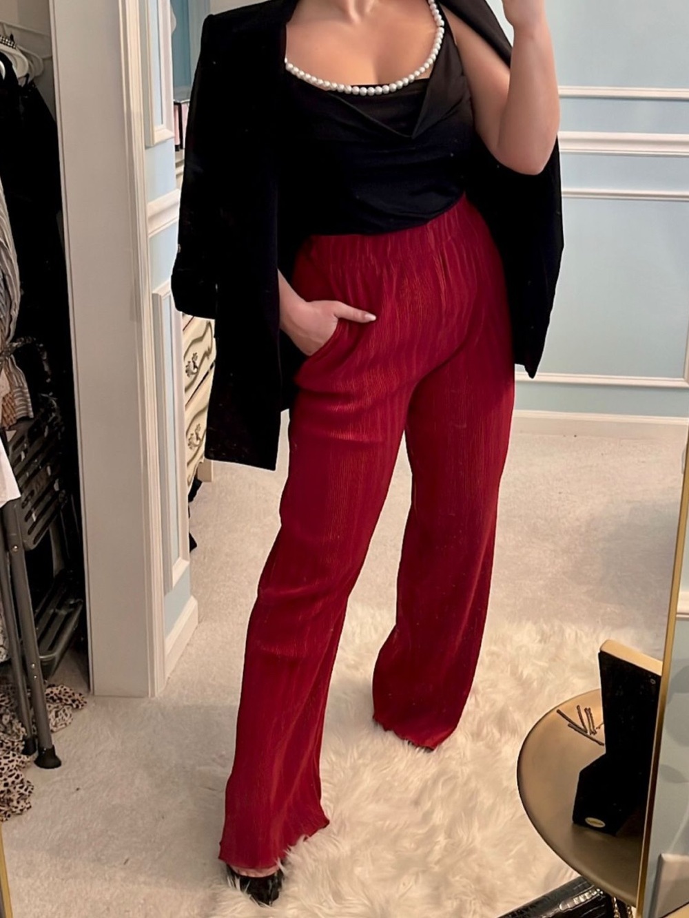 New Abercrombie & Fitch High Rise Plisse Wide Leg Pants | Red | Size XS short